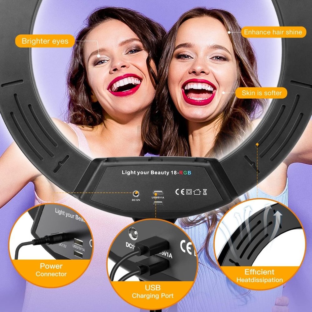 RGB Ring Light 18 inch with Tripod Stand (2700-7000K) for Phone Camera iPad Self